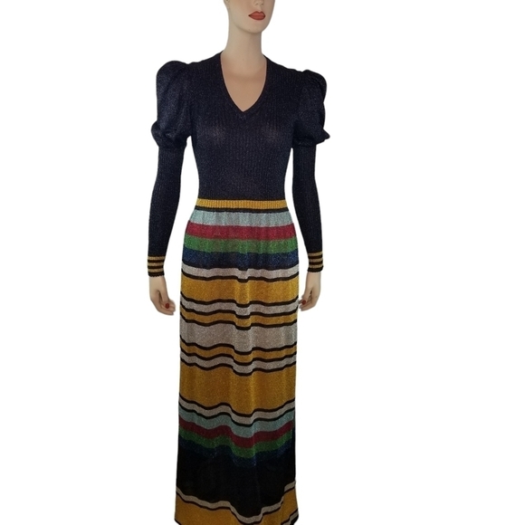 Vintage Dresses & Skirts - Vtg 70s Young East metallic knit long sleeve maxi dress